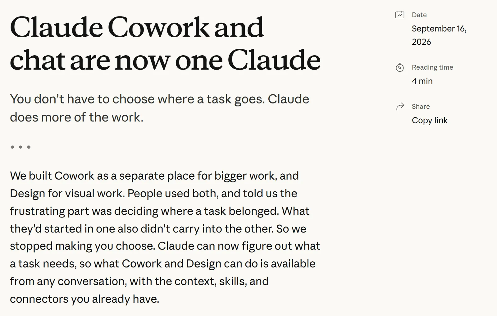 Анонс Anthropic от 16 сентября 2026 года: Cowork и чат объединены в один Claude — «So we stopped making you choose»