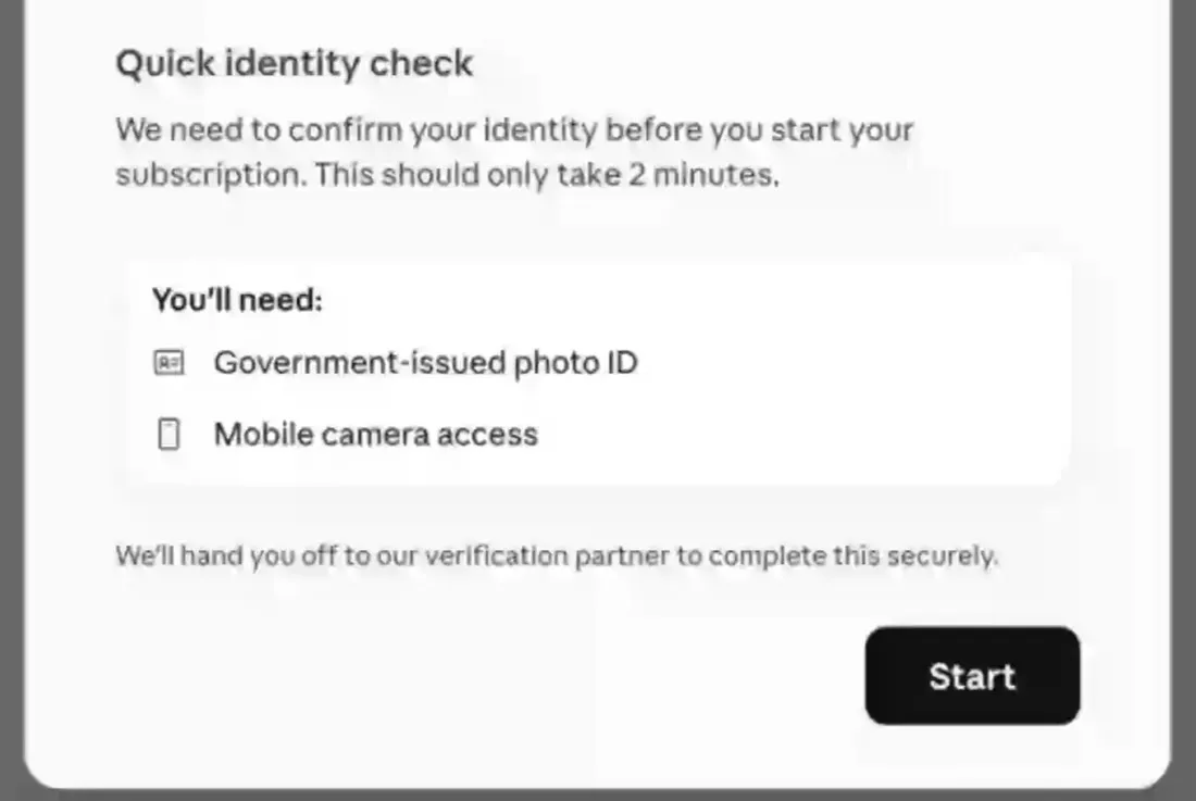 Окно Quick identity check: перед подпиской нужно подтвердить личность, это займёт 2 минуты; понадобятся документ с фото и камера телефона, ниже — кнопка Start