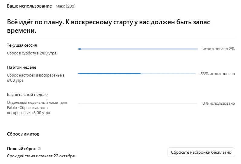 Страница Settings → Usage: текущая сессия — 2%, неделя — 53%, отдельный недельный лимит Fable — 0%, ниже — бесплатный полный сброс до 22 октября